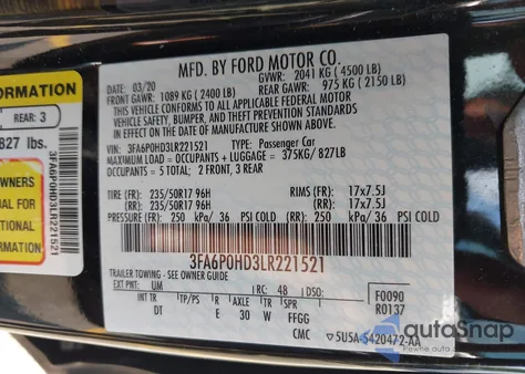 2020 Ford Fusion Se z USA, uszkodzony, nr VIN 3FA6P0HD3LR221521